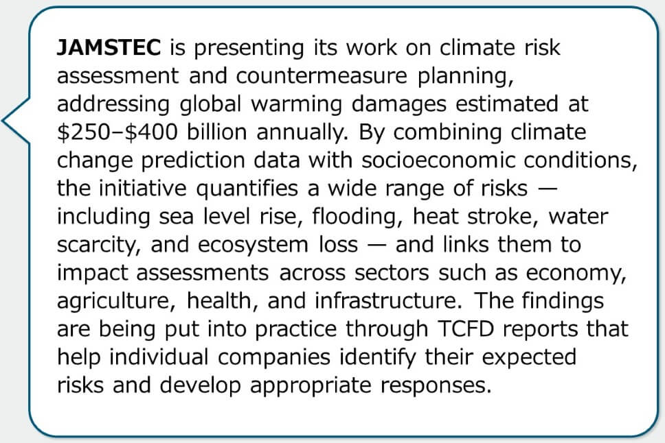 JAMSTEC is presenting its work on climate risk assessment and countermeasure planning, addressing global warming damages estimated at $250–$400 billion annually. By combining climate change prediction data with socioeconomic conditions, the initiative quantifies a wide range of risks — including sea level rise, flooding, heat stroke, water scarcity, and ecosystem loss — and links them to impact assessments across sectors such as economy, agriculture, health, and infrastructure. The findings are being put into practice through TCFD reports that help individual companies identify their expected risks and develop appropriate responses.