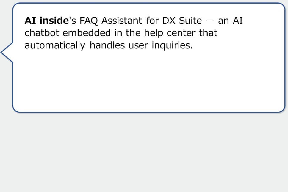 AI inside's FAQ Assistant for DX Suite — an AI chatbot embedded in the help center that automatically handles user inquiries.