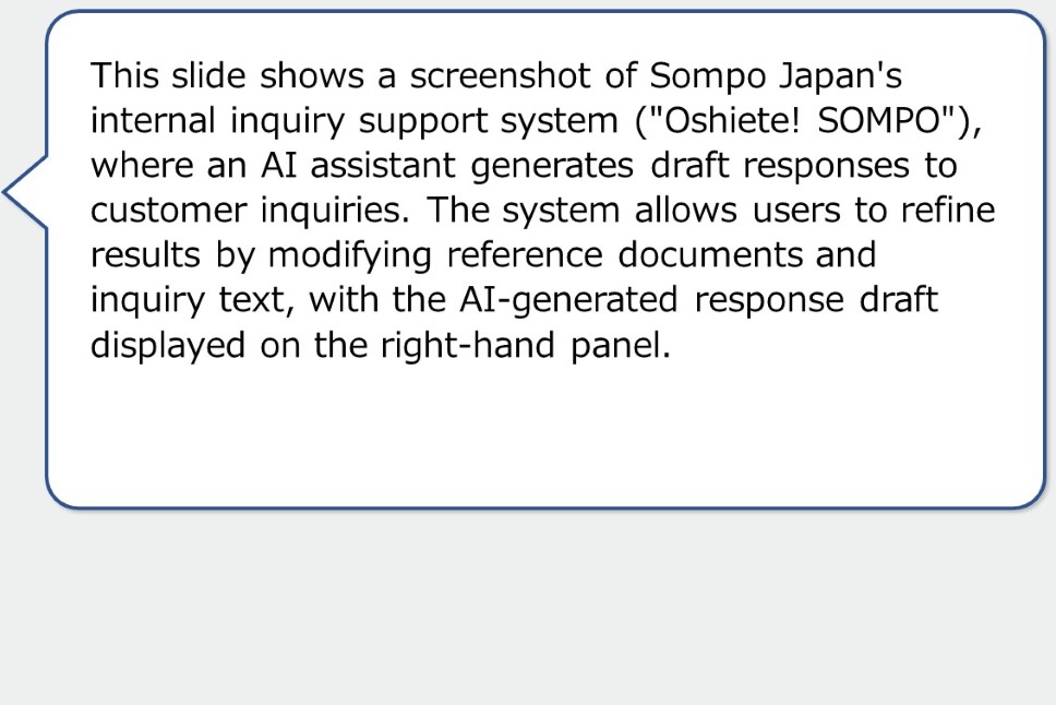 This slide shows a screenshot of Sompo Japan's internal inquiry support system ("Oshiete! SOMPO"), where an AI assistant generates draft responses to customer inquiries. The system allows users to refine results by modifying reference documents and inquiry text, with the AI-generated response draft displayed on the right-hand panel.